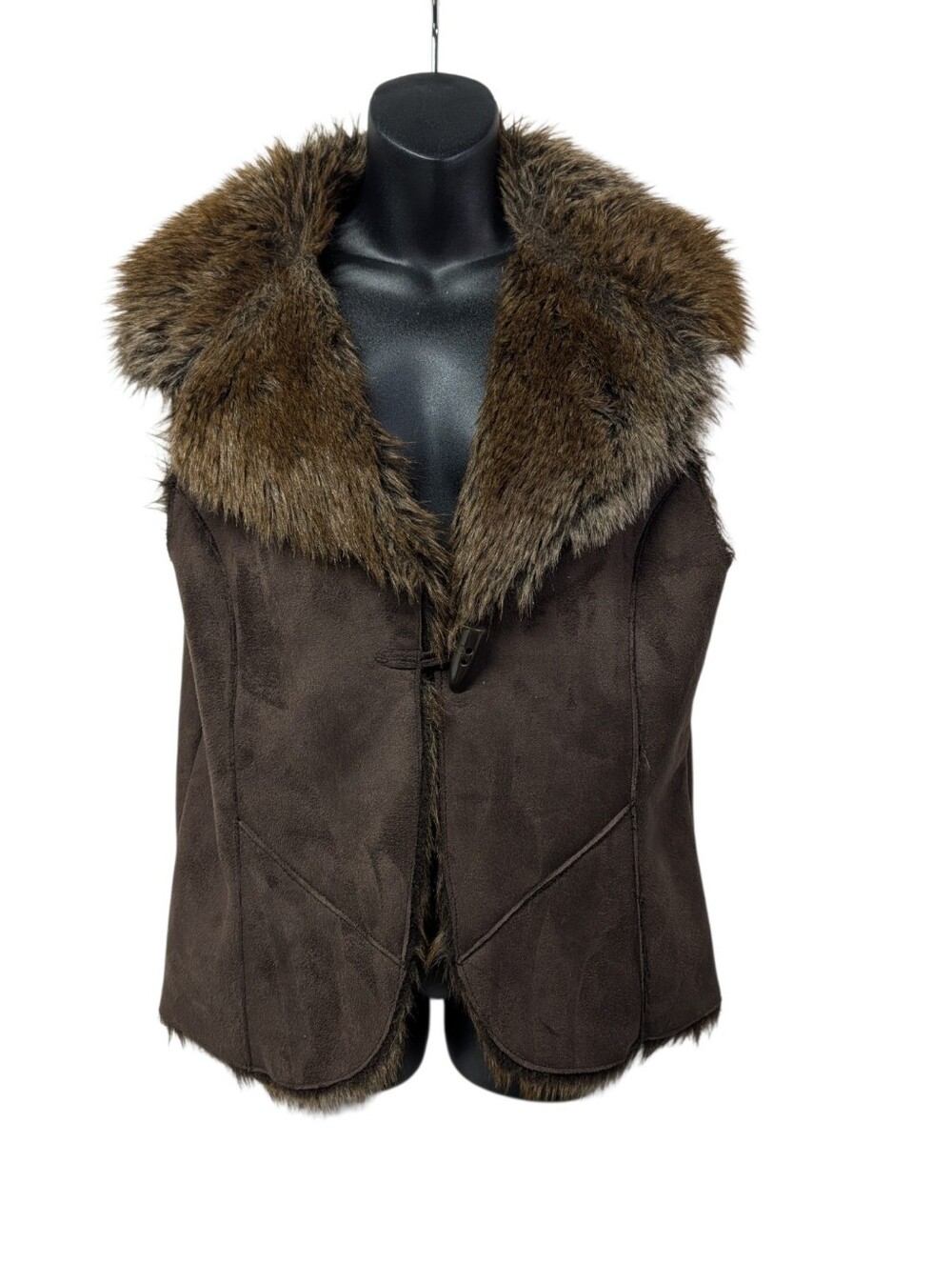Fever Women's Brown Toggle Vest Brown Faux Fur Trim Lined Sleeveless Size L